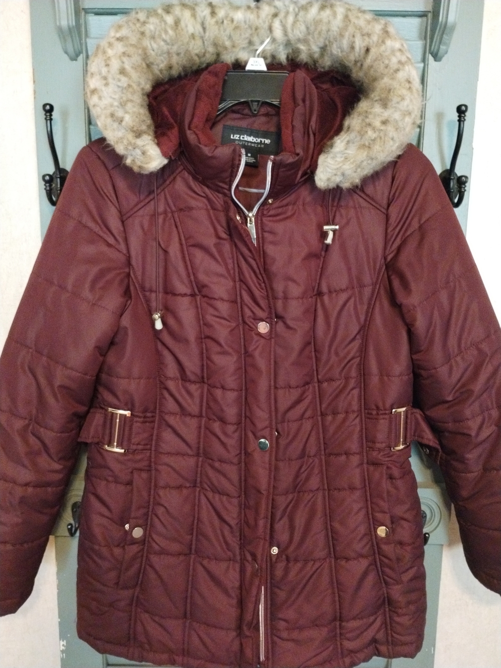 Liz Claiborne Women's Burgundy Quilted Parka with Faux Fur Hood